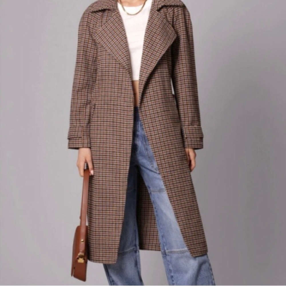 Avec Les Filles Relaxed Belted Plaid Trench Coat
